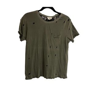 Pins and Needles Army Green Distressed Holes Black Lace Lined Top Womens Size S